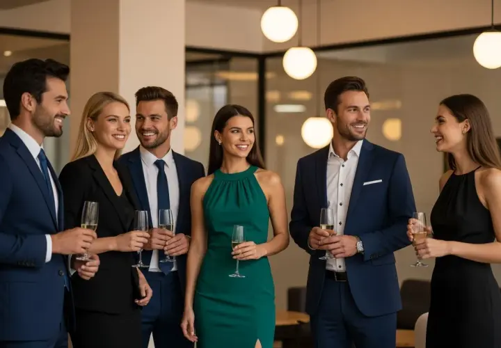 Elegancko ubrani ludzie na firmowym evencie. Inspiracja, jak się ubrać na imprezę firmową, by wyglądać stylowo i profesjonalnie.