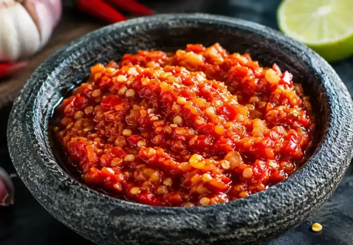 En skål med kryddig sambal oelek sås, omgiven av färska chilifrukter, vitlök och en limeklyfta. Perfekt för att ge hetta till maten.