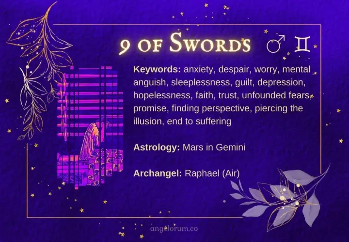 Karta 9 mieczy tarot: osoba pogrążona w zmartwieniach, symbolizująca lęk i bezsenność.
