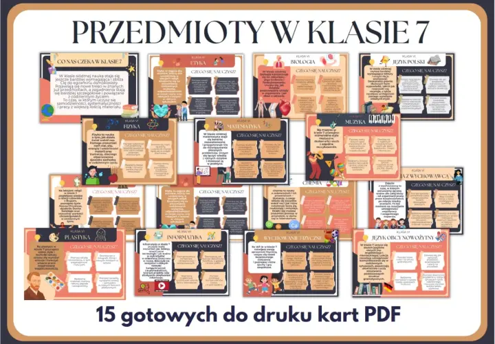 Przedmioty w 7 klasie: fizyka, matematyka, biologia, język polski, etyka, muzyka, chemia, informatyka, plastyka, religia, wychowanie fizyczne, język obcy.