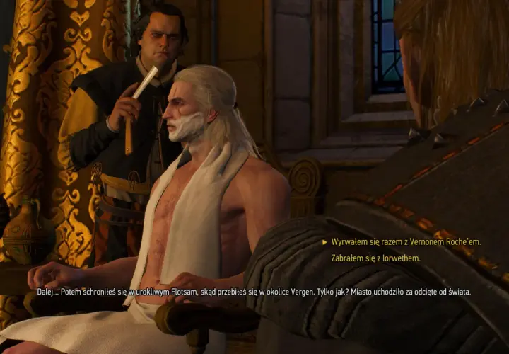 Geralt z W2, golony brzytwą, słucha opowieści o ucieczce z Flotsam.