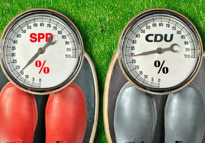 Zwei Waagen mit Parteisymbolen: SPD und CDU. Die Waagen zeigen Prozentwerte, die auf die Stärke der koalition parteien hindeuten.