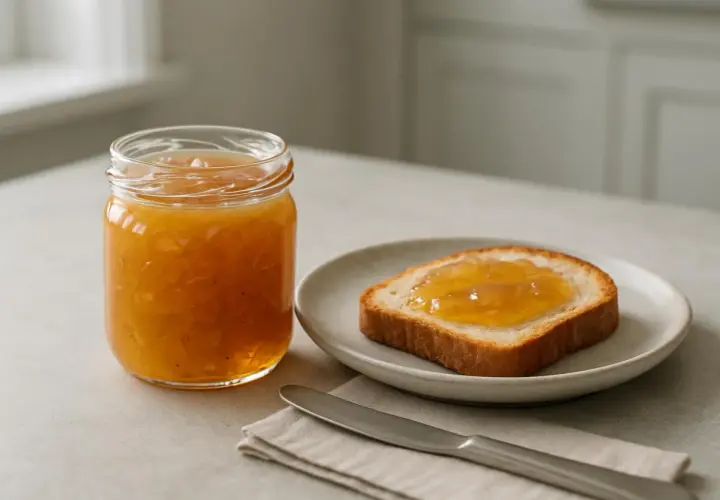 En burk med rabarbermarmelad med citron står bredvid en rostad brödskiva med marmelad på. En kniv och en servett ligger på bordet.