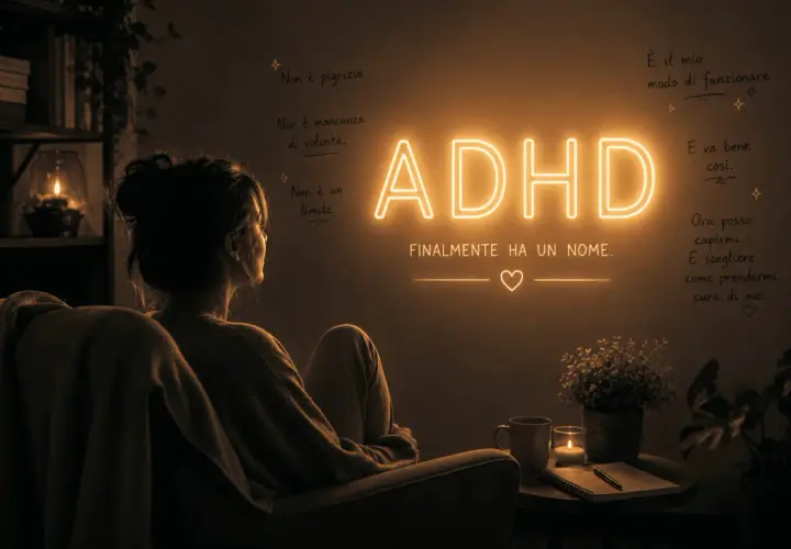 Donna seduta riflette su "ADHD Finalmente ha un nome". Non è pigrizia, ma il suo modo di funzionare. Ora si capisce e si prende cura di sé.