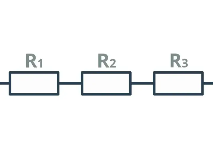 Schemat obwodu elektrycznego z trzema rezystorami połączonymi szeregowo: R1, R2, R3.