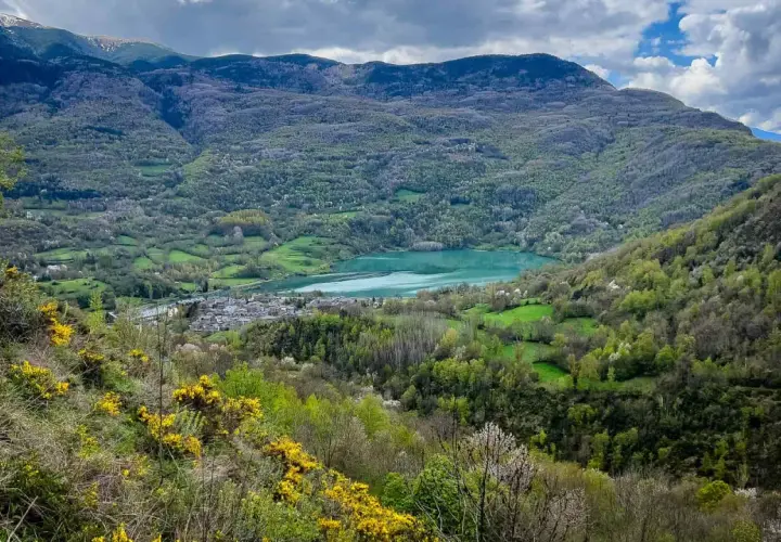 Vista panorámica del **Valle de Benasque** con un lago turquesa, un pueblo y montañas cubiertas de vegetación. Flores amarillas en primer plano.