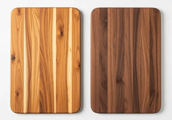 Two wooden cutting boards side-by-side: one light acacia wood, the other dark walnut.