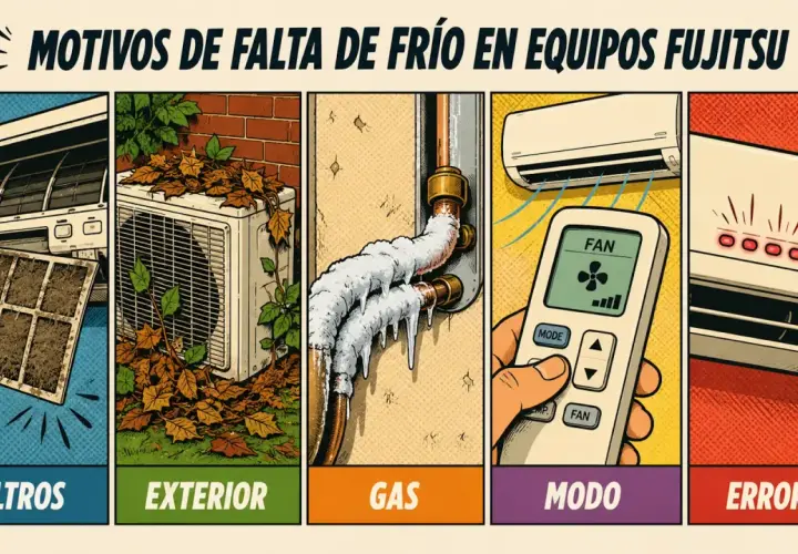 Motivos de falta de frío en aire acondicionado Fujitsu Inverter: filtros sucios, exterior obstruido, gas congelado, modo incorrecto o errores.