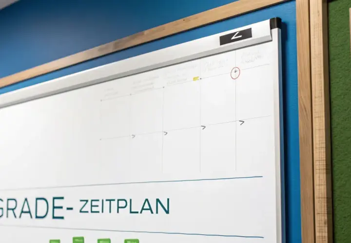 Upgrade-Zeitplan auf Whiteboard. Der Support-Ende von Office 2019 ist bald, daher wird hier der Plan für das Upgrade erstellt.