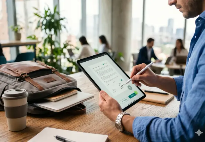 Hombre firma digitalmente un documento en tablet, un proceso clave para saber como renovar el certificado electronico.
