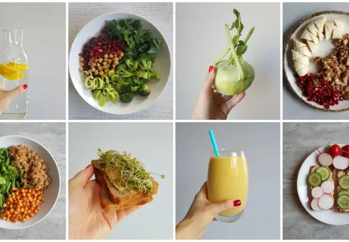 Zdrowe posiłki na płaski brzuch: woda z cytryną, sałatka z ciecierzycą, kalarepa, granola z owocami, ryż z warzywami, kanapka z kiełkami, smoothie, chrupki z warzywami.