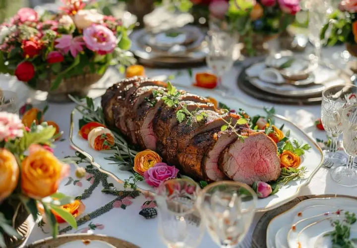 Un rôti de bœuf tranché, garni d'herbes, sur un plat élégant, entouré de fleurs colorées. Une belle idée menu de mariage chic pour un repas festif.