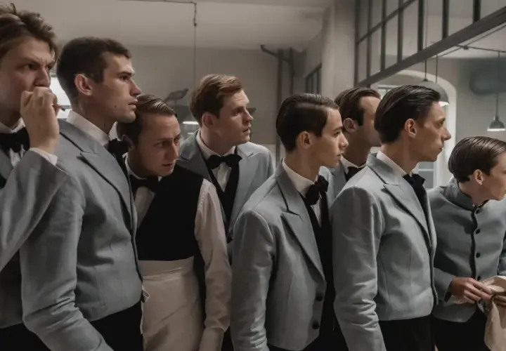 Grupa młodych mężczyzn w jasnych garniturach i muszkach, jakby przygotowujących się do premiery filmu. Filip film recenzja.