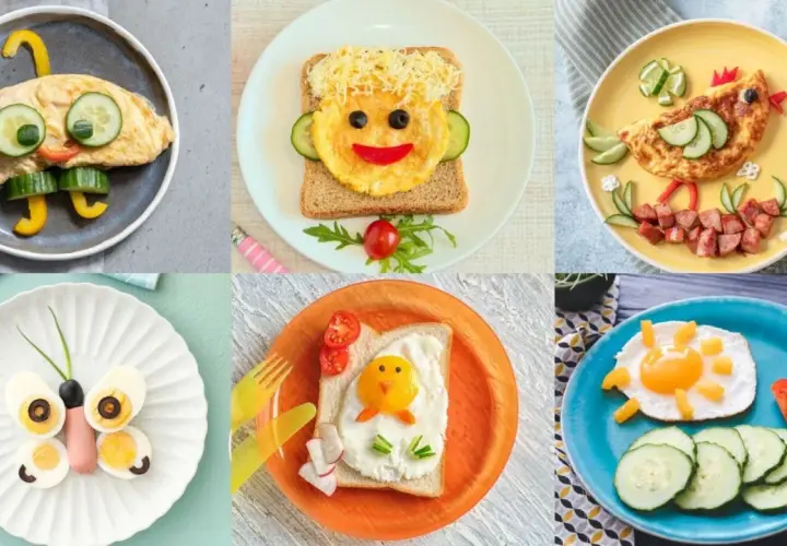 Des assiettes pleines d'imagination pour une recette œuf enfant : un parapluie, un visage, un poulet, un papillon, un poussin et un soleil.