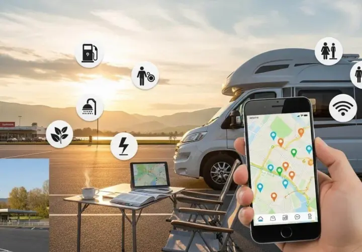 Application mobile pour trouver des services (essence, douche, électricité, etc.) pour un camping-car. Avis sur le park 4 night.