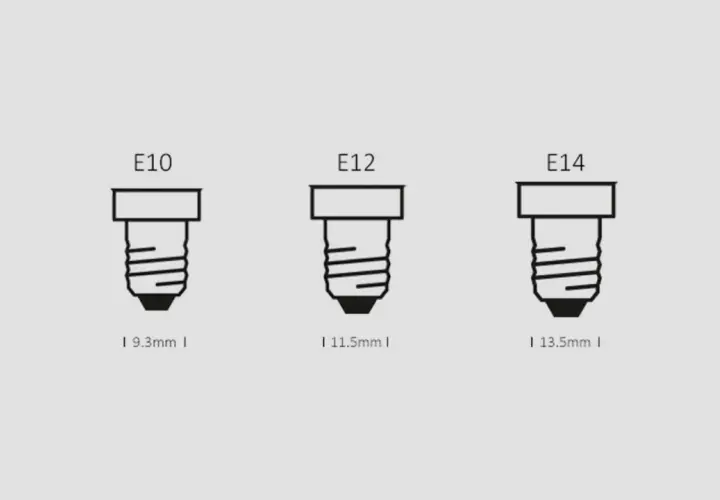 Ilustración de tres bases de bombilla (E10, E12, E14) con sus diámetros.