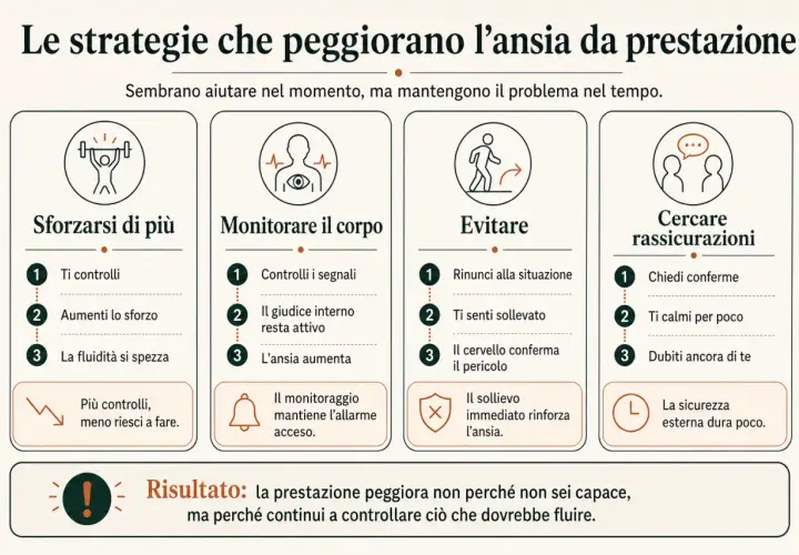 Strategie che peggiorano l'ansia da prestazione sessuale uomo: sforzarsi, monitorare, evitare, cercare rassicurazioni. Il risultato è un peggioramento.