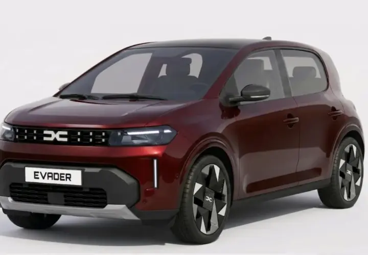 Dacia Evader, un'auto compatta e robusta color bordeaux, pronta per ogni avventura urbana.