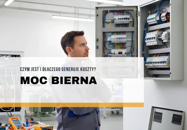 Elektryk zastanawia się nad problemem **mocy biernej**, która generuje niepotrzebne koszty. W tle widać rozdzielnice elektryczne.
