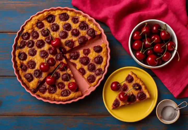 Un délicieux clafoutis aux cerises, encore chaud, est servi dans un plat rose. Une part est déjà sur une assiette jaune, accompagnée de cerises fraîches.