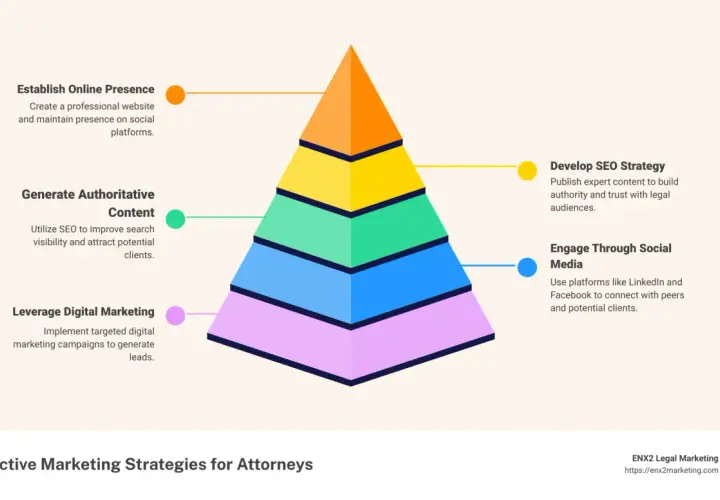 Pyramid of marketing strategies for attorneys, building a commanding presence through online presence, content, and social media engagement.