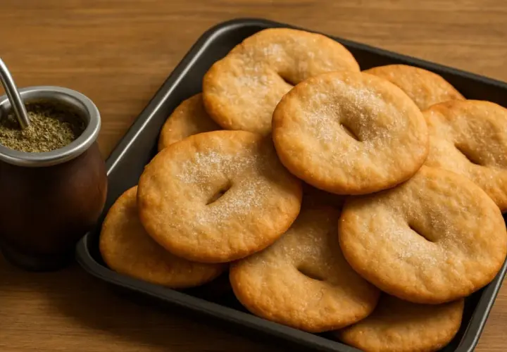 Deliciosas tortas fritas recién hechas, espolvoreadas con azúcar, junto a un mate humeante.