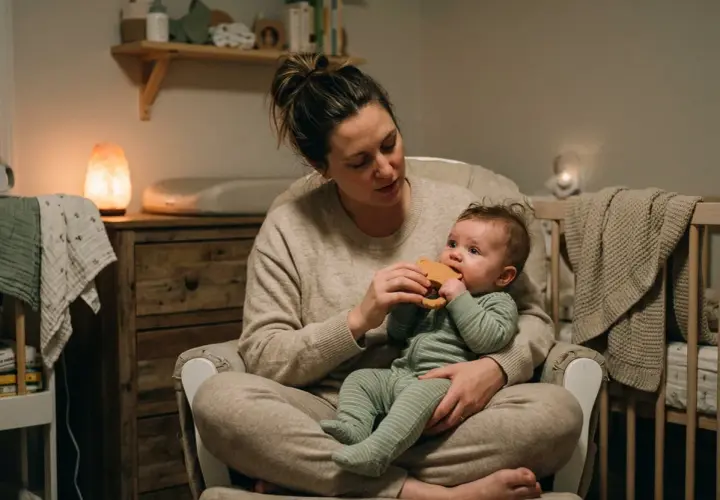 Mamma tröstar bebis med magont och ger en bitring. Mysig kvällsstämning med dämpad belysning.