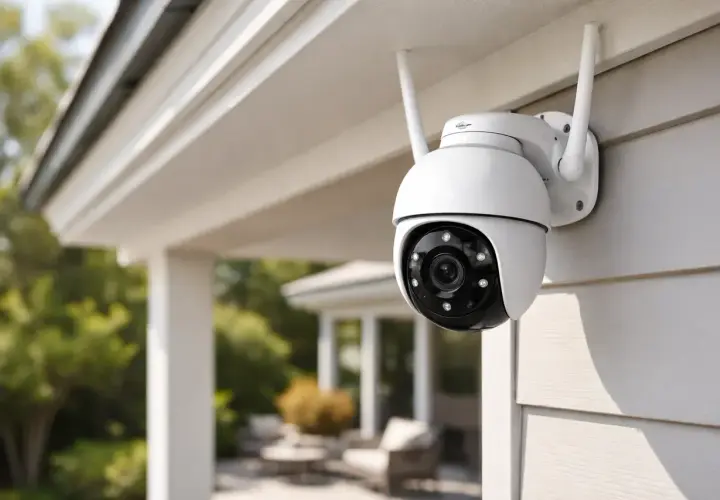 Une caméra de surveillance blanche est fixée sur un mur extérieur, soulevant des questions sur les caméras de surveillance et la vie privée.