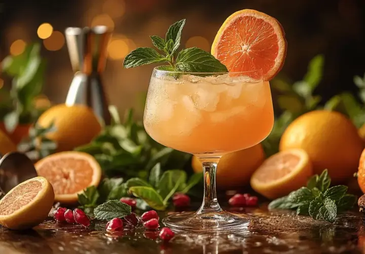 Orzeźwiający drink z plasterkiem pomarańczy i miętą. Wokół cytrusy, granaty i zioła – najlepsze techniki garnirowania drinków.