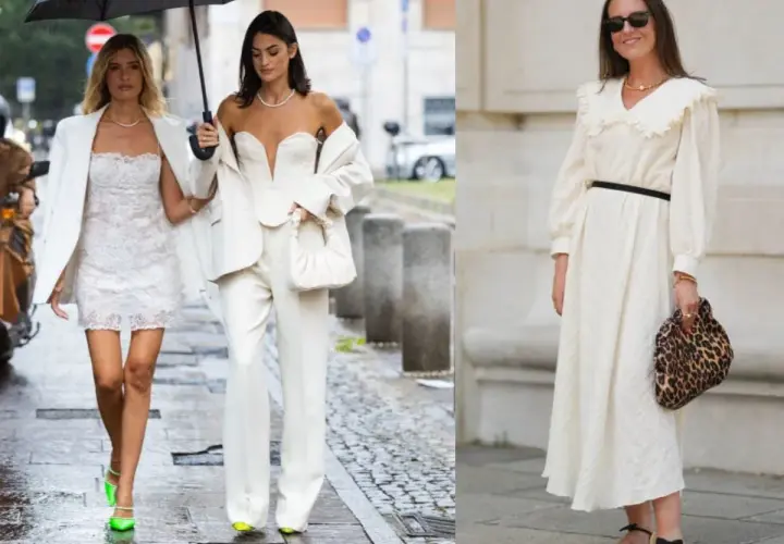 Białe sukienki i żakiety tworzą eleganckie stylizacje. Na zdjęciu dwie kobiety w białych kreacjach, jedna w mini, druga w spodniach. Obok kobieta w długiej, ecru sukience.
