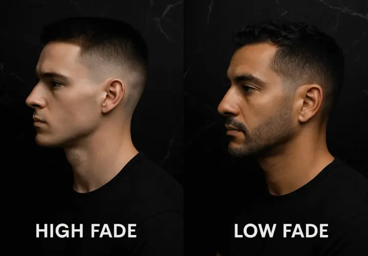 Dos hombres con cortes de pelo modernos. El de la izquierda luce un taper fade alto, mientras que el de la derecha muestra un taper fade bajo.