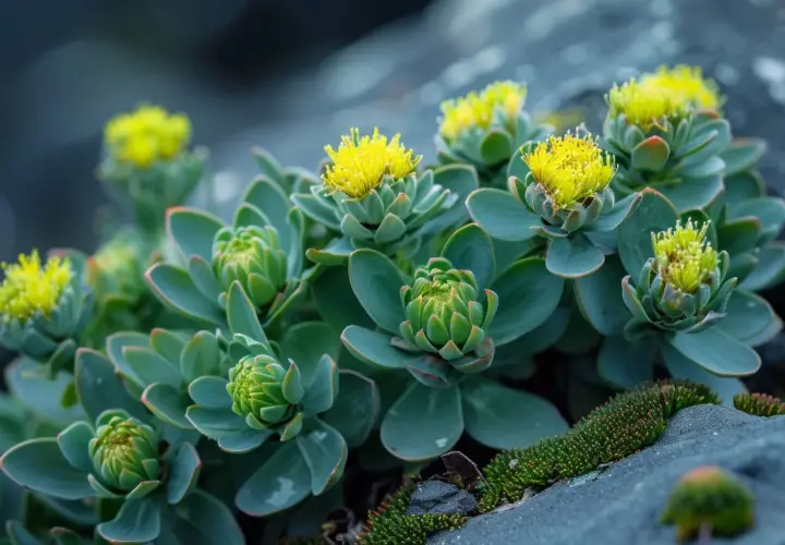 Roccioso paesaggio con piante succulente verdi e gialli fiori. La rodiola, nota per le sue proprietà adattogene, fiorisce con vigore, simbolo di vitalità e sessualità.