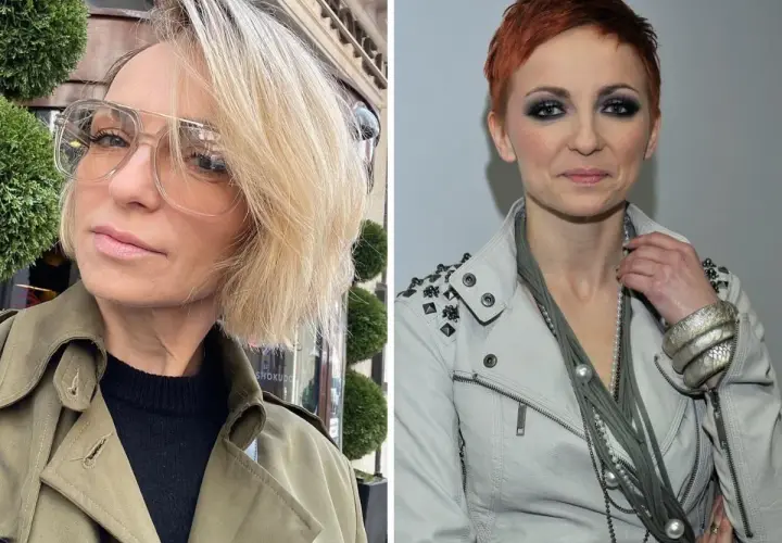 Anna Wyszkoni w dwóch odsłonach: z blond włosami i okularami, oraz z krótkimi rudymi włosami i wyrazistym makijażem.