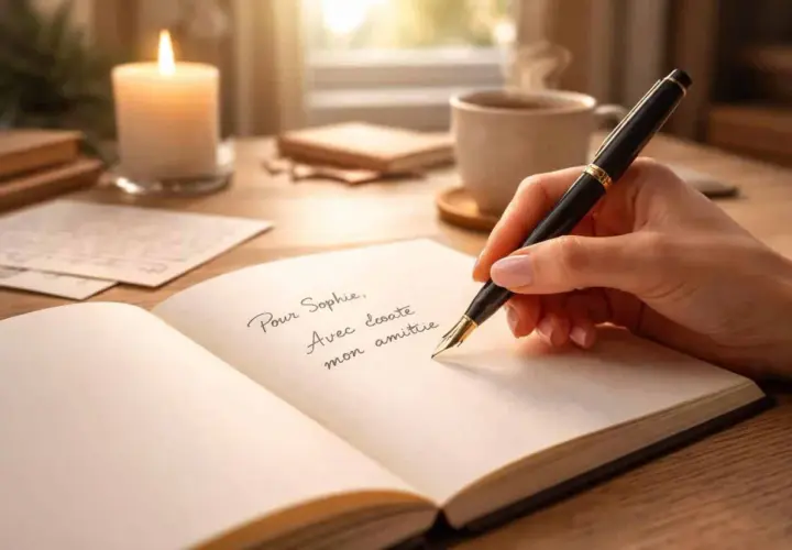 Une main écrit "Pour Sophie, Avec toute mon amitié" dans un carnet, évoquant les plus belles dédicaces de livres. Une bougie allumée et une tasse de café complètent la scène.