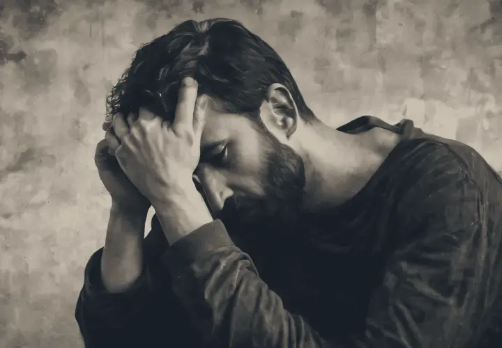 Uomo pensieroso con le mani tra i capelli, riflette su cosa scrivere ad un uomo che non ti cerca.