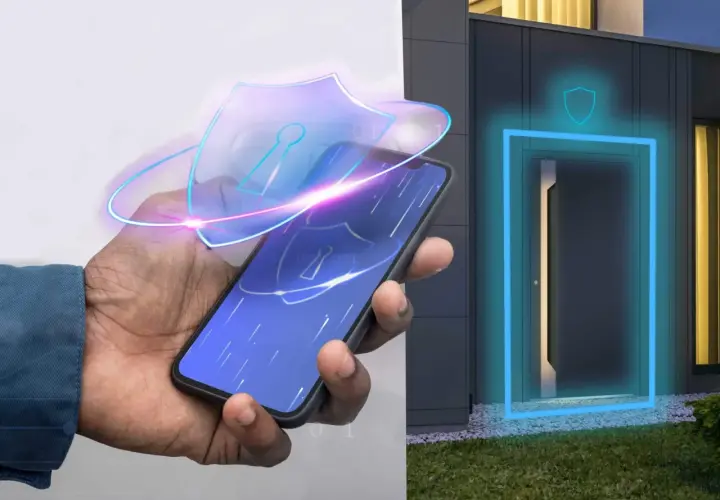 Dłoń trzyma smartfon z ikoną tarczy, symbolizującą bezpieczeństwo. Obok drzwi domu świeci się niebieska ramka, sugerując, że keyless entry to nowoczesny sposób na wejście.