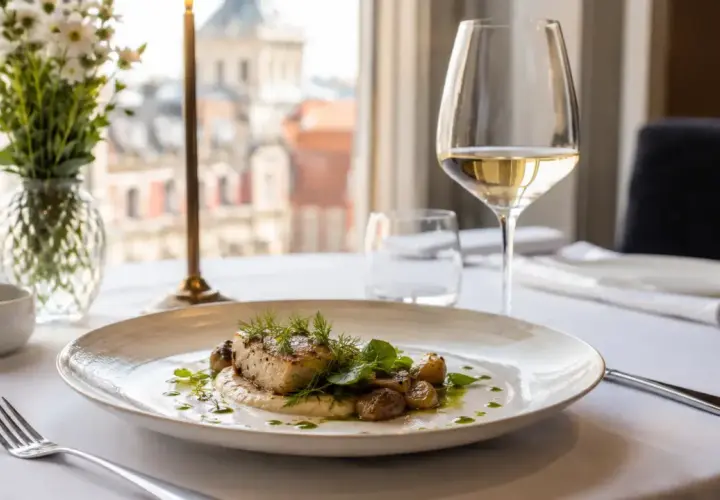 Eleganckie danie rybne z ziołami i ziemniakami na talerzu, kieliszek białego wina, świeże kwiaty. Uczta godna restauracji z gwiazdką Michelin Polska.