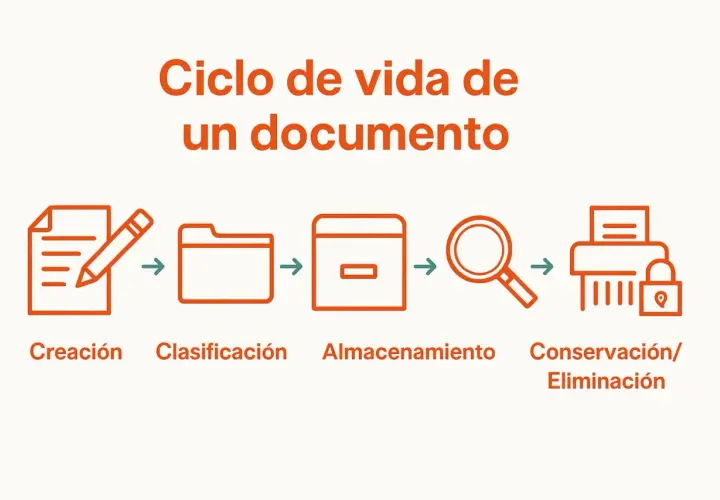 Ciclo de vida de un documento: creación, clasificación, almacenamiento, búsqueda y conservación/eliminación. Los metadatos son clave en cada etapa.