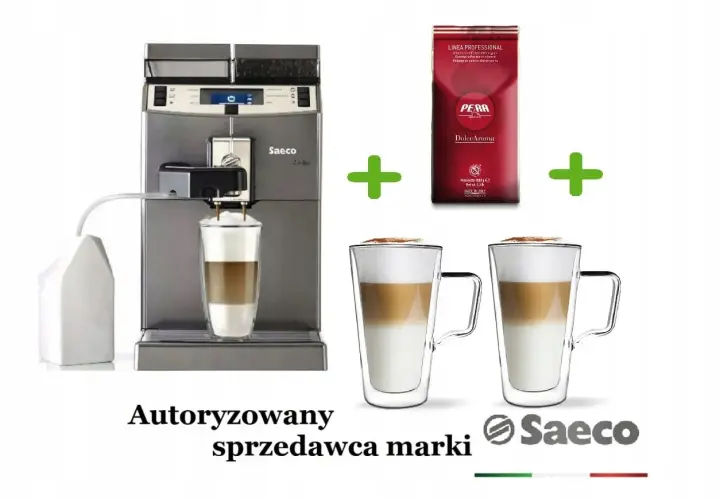 Ekspres Saeco Lirika z akcesoriami, idealny do przygotowania kawy. Pamiętaj o regularnym odkamienianiu dla najlepszych rezultatów.