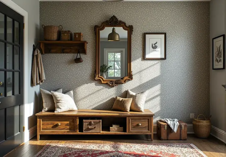 Przytulny salon w stylu vintage. Drewniana ławka, ozdobne lustro i pleciony kosz tworzą ciepłą atmosferę.