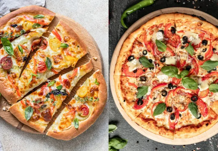 Dwie pyszne pizze, jedna z pomidorkami i ziołami, druga z papryką i oliwkami. Czy to pinsa? Tak, obie wyglądają jak pyszna pinsa!