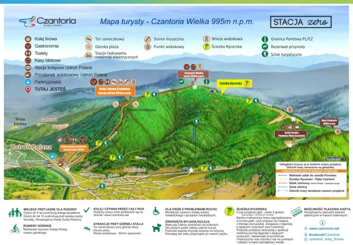 Mapa turystyczna Czantorii z zaznaczonymi szlakami, kolejką linową i punktami widokowymi.