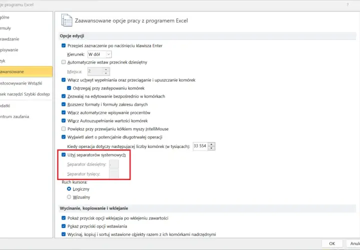 Ustawienia Excela: jak zamienić kropkę na przecinek. Zaznacz "Użyj separatorów systemowych", by zmienić format liczb.