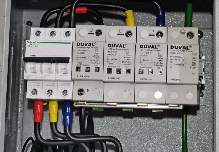 Zabezpieczenie przedlicznikowe z wyłącznikami i ochronnikami przepięciowymi DUVAL, chroniące instalację przed skutkami wyładowań atmosferycznych.