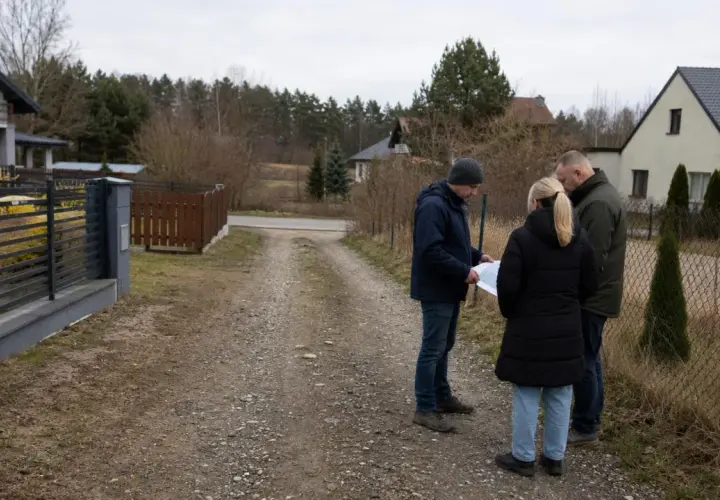Trzy osoby omawiają mapę na żwirowej drodze. Widać domy i ogrodzenia, a także oceniany jest odległość domu od drogi służebnej.