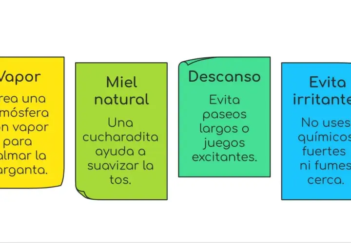 Consejos para aliviar la tos: vapor, miel natural, descanso y evitar irritantes.