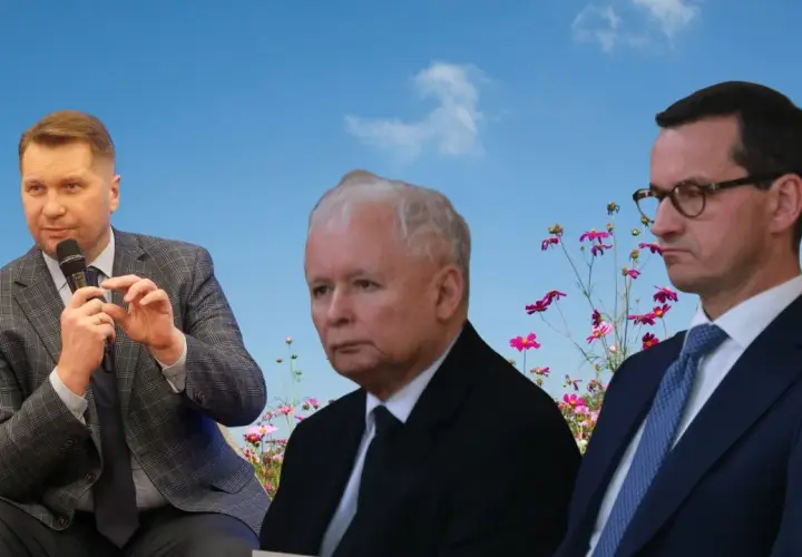 Przemysław Czarnek, Jarosław Kaczyński i Mateusz Morawiecki na tle kwiecistej łąki. Czy to właśnie Czarnek budzi emocje wewnątrz ugrupowania?