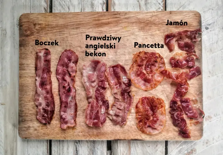 Boczek, prawdziwy angielski bekon, pancetta i jamón ułożone na desce. Różne rodzaje wędlin, każdy z nich ma swój unikalny wygląd.