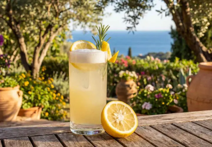En uppfriskande yuzu drink med citronskiva och rosmarin, serverad utomhus med havet i bakgrunden.
