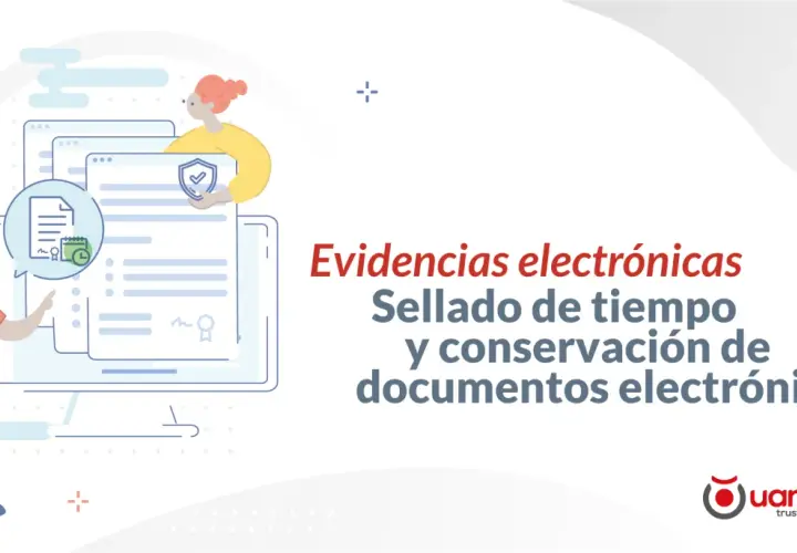 Ilustración de personas gestionando documentos electrónicos. Un servidor de marca de hora garantiza la integridad de las evidencias digitales.